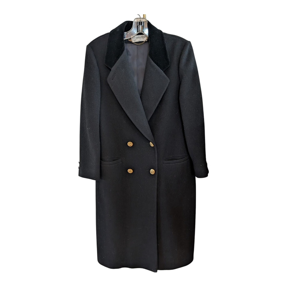 Vintage Pavilion Petite Black Wool Double Breasted Coat Size 18 Velvet Collar